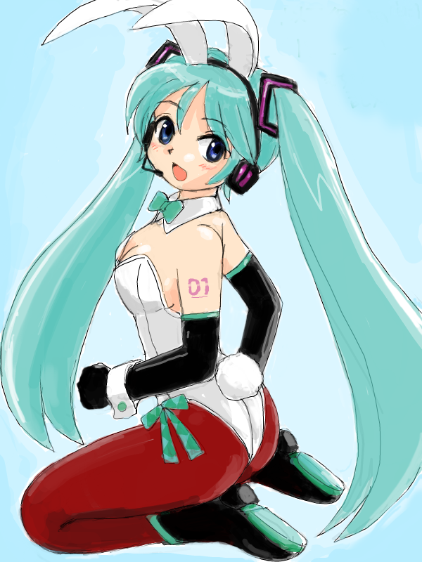 marison (aono107), ultramarine, hatsune miku, vocaloid, 1girl, animal ear headphones, animal ears, blue eyes, boots, elbow gloves, fake animal ears, female focus, gloves, green hair, headphones, headset, kneeling, long hair, looking back, microphone, pantyhose, playboy bunny, rabbit ear headphones, rabbit ears, red pantyhose, solo, twintails, wrist cuffs