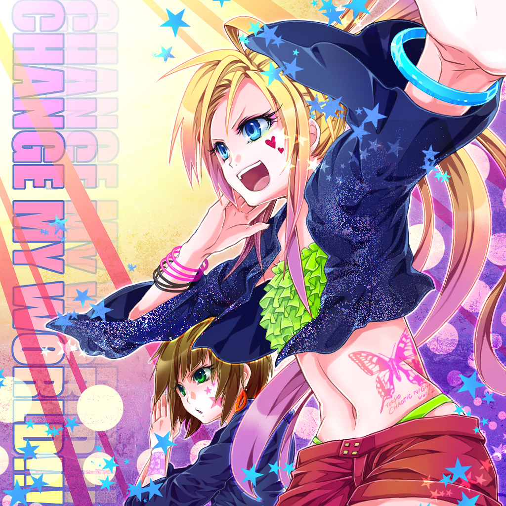 last c, yukimichi (nieko), original, bad id, bad pixiv id, 2girls, blonde hair, blue eyes, bracelet, brown hair, earrings, green eyes, jacket, jewelry, long hair, midriff, multiple girls, short hair, shorts, sleeveless, smile, star (symbol), star tattoo, tattoo