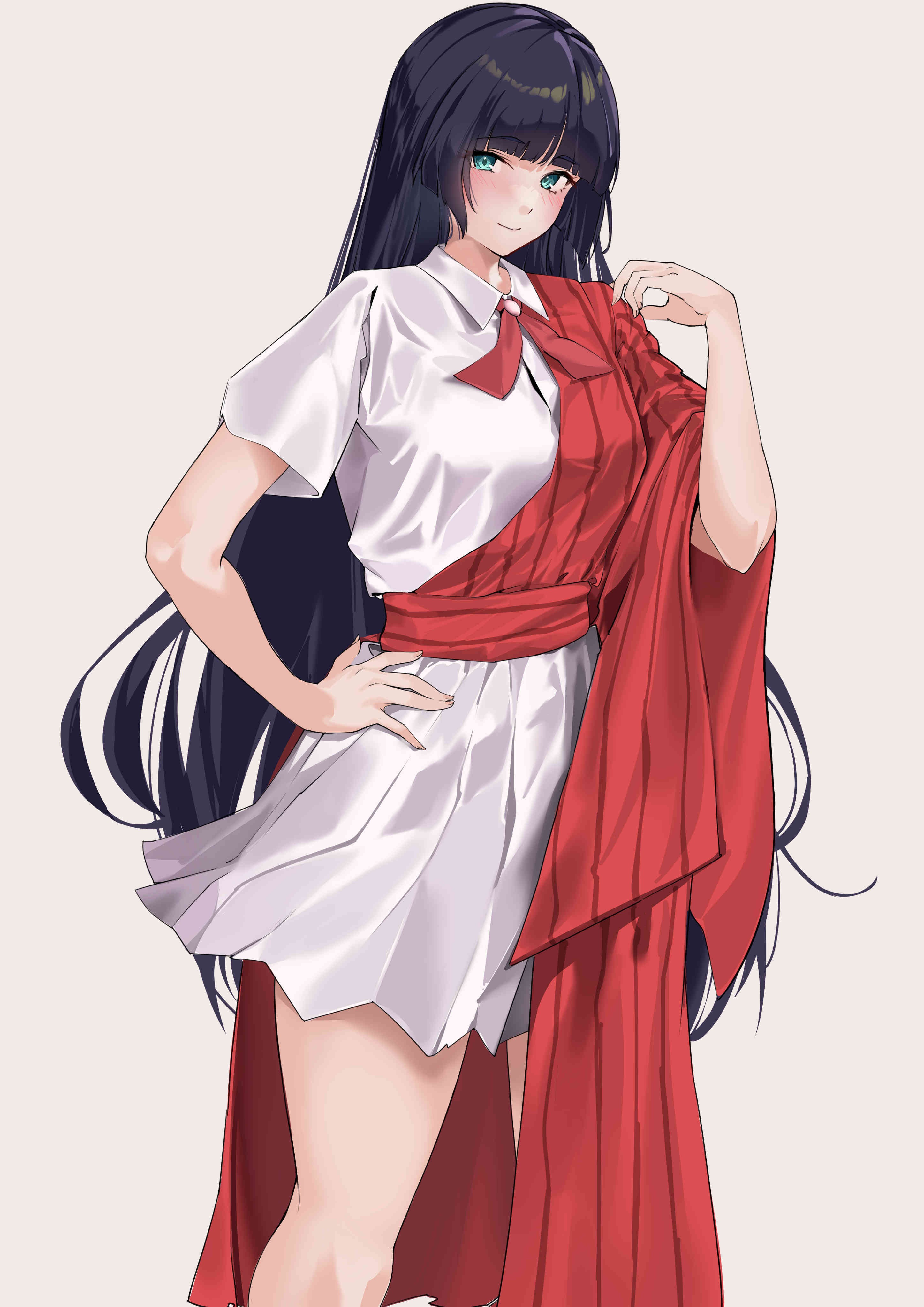 carskey1120, ikizulive! love live! bluebird, love live!, absurdres, commentary, highres, 1girl, aqua eyes, black hair, closed mouth, collared dress, dress, feet out of frame, grey background, komagata hanabi, long hair, looking at viewer, official alternate costume, pinstripe pattern, pleated dress, red cross tie, short dress, simple background, smile, solo, three-quarter sleeves, very long hair, what is my life? (love live!), white dress