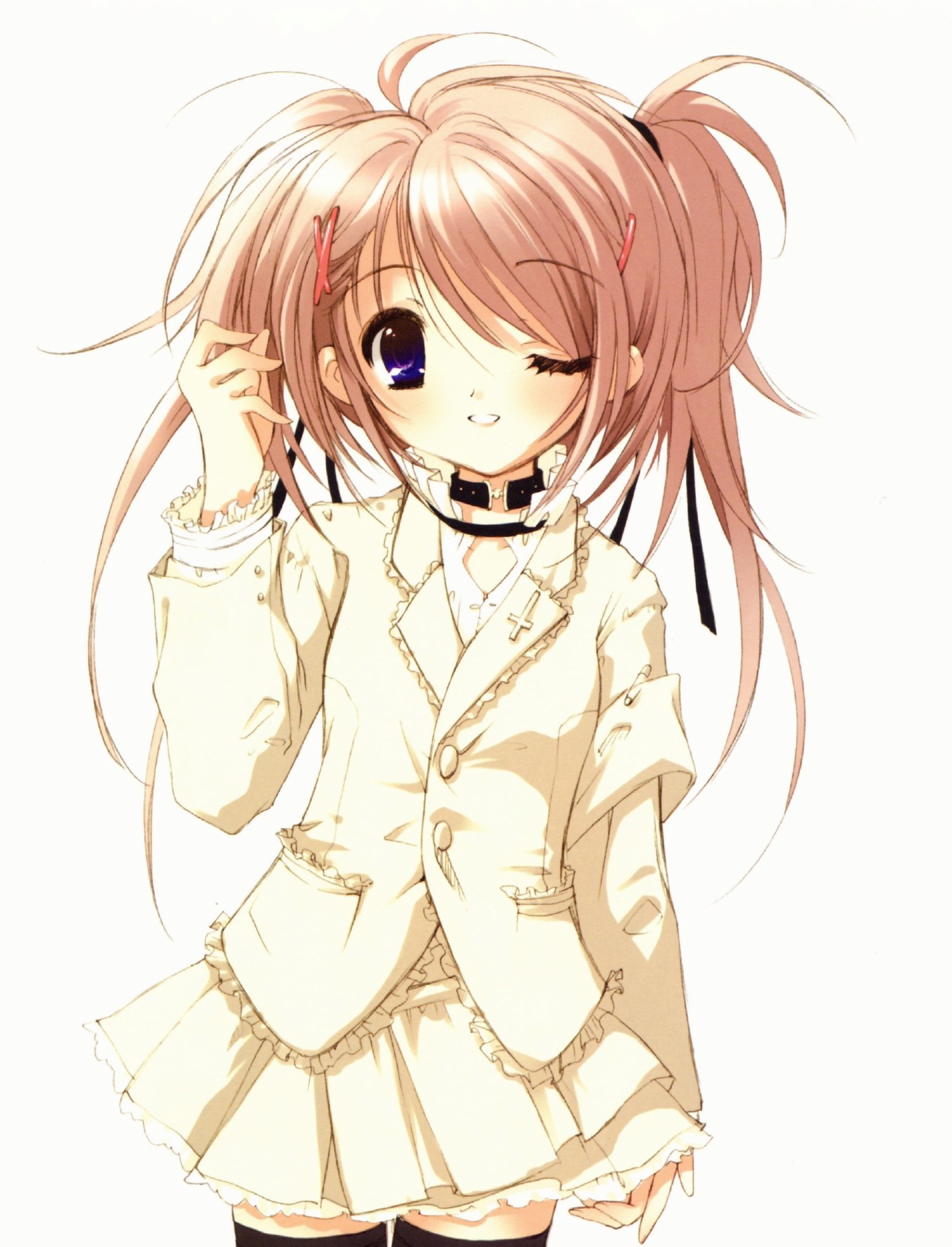 ito noizi, highres, blonde hair, blush, choker, one eye closed, purple eyes, skirt, solo, thighhighs, wink, zettai ryouiki