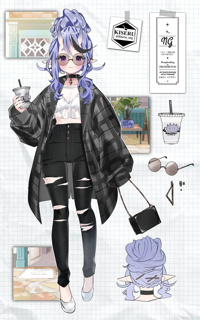 kokutan kiseru, rindou mikoto, nijisanji, commentary request, 1girl, :3, alternate costume, artist name, bag, black bag, black choker, black hair, black pants, blush, breasts, choker, closed mouth, coat, cup, disposable cup, drinking straw, full body, grey coat, grey nails, grid background, hair bun, hair ornament, hairpin, hand up, handbag, high-waist pants, hikimayu, holding, holding bag, holding cup, horns, lapels, long sidelocks, looking at viewer, midriff, mole, mole on thigh, mole under mouth, multicolored hair, multiple hairpins, multiple views, nail polish, no socks, open clothes, open coat, pants, paper background, pendant choker, plaid clothes, plaid coat, pointy ears, purple eyes, purple hair, round eyewear, see-through clothes, see-through shirt, shirt, shoes, sidelocks, single hair bun, skin-covered horns, sleeves past fingers, sleeves past wrists, small breasts, smile, standing, straight-on, streaked hair, sunglasses, torn clothes, torn pants, twitter username, two-tone hair, virtual youtuber, white background, white shirt, white shoes