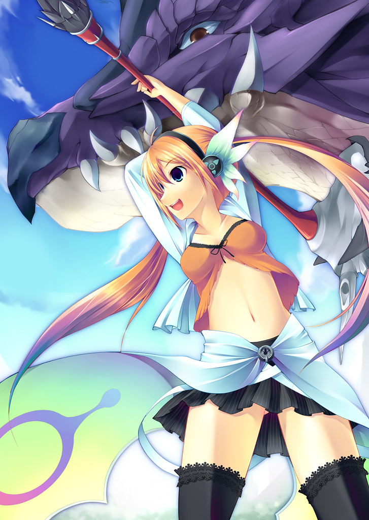 yoshino ryou, original, bad id, bad pixiv id, 1girl, blue eyes, breasts, dragon, female focus, headband, long hair, medium breasts, midriff, orange hair, skirt, smile, solo, staff, thighhighs, twintails