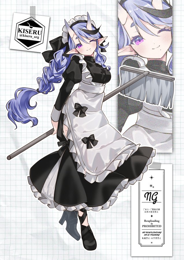 kokutan kiseru, rindou mikoto, nijisanji, commentary request, variant set, 1girl, alternate costume, ankle strap, apron, arms behind back, artist name, black bow, black dress, black hair, black shoes, blush, bow, braid, breasts, closed mouth, clothing cutout, dot nose, dress, frilled apron, frilled dress, frills, full body, grid background, hair between eyes, head tilt, high heels, hikimayu, hip vent, holding, holding mop, horns, juliet sleeves, leg cutout, long bangs, long dress, long hair, long sleeves, looking at viewer, maid, maid day, maid headdress, medium breasts, mole, mole on thigh, mole under mouth, mop, multicolored hair, one eye closed, paper background, pointy ears, puffy sleeves, purple eyes, purple hair, shoes, single braid, skin-covered horns, sleeve cuffs, smile, standing, streaked hair, twitter username, two-tone hair, underbust, very long hair, virtual youtuber, waist apron, white apron, white background, white headdress, zoom layer
