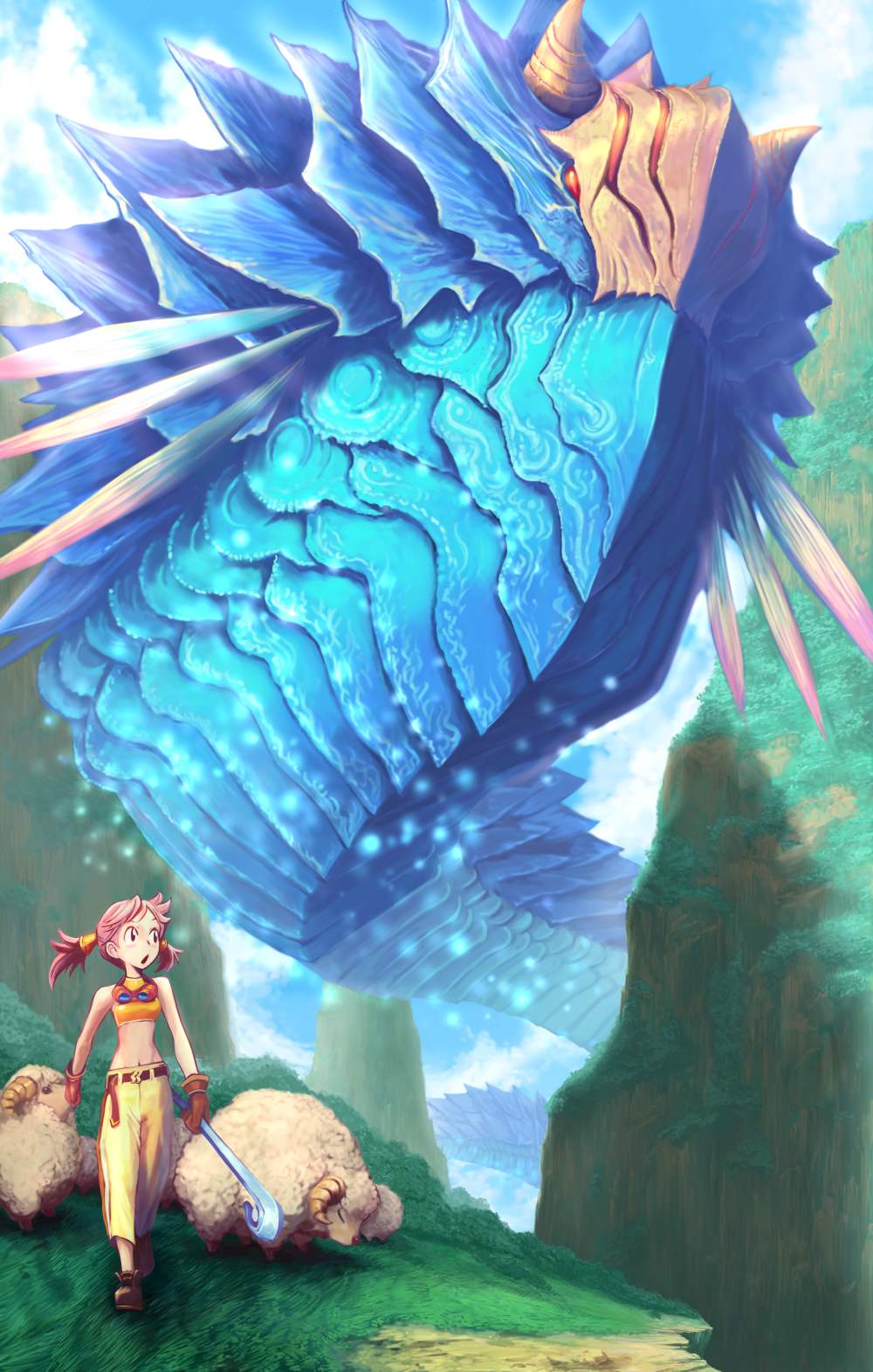 tanigawa hiroshi, original, highres, colossus, goggles, grand scale, pink hair, sheep, shepherd, shepherd's crook, shepherdess, solo, staff