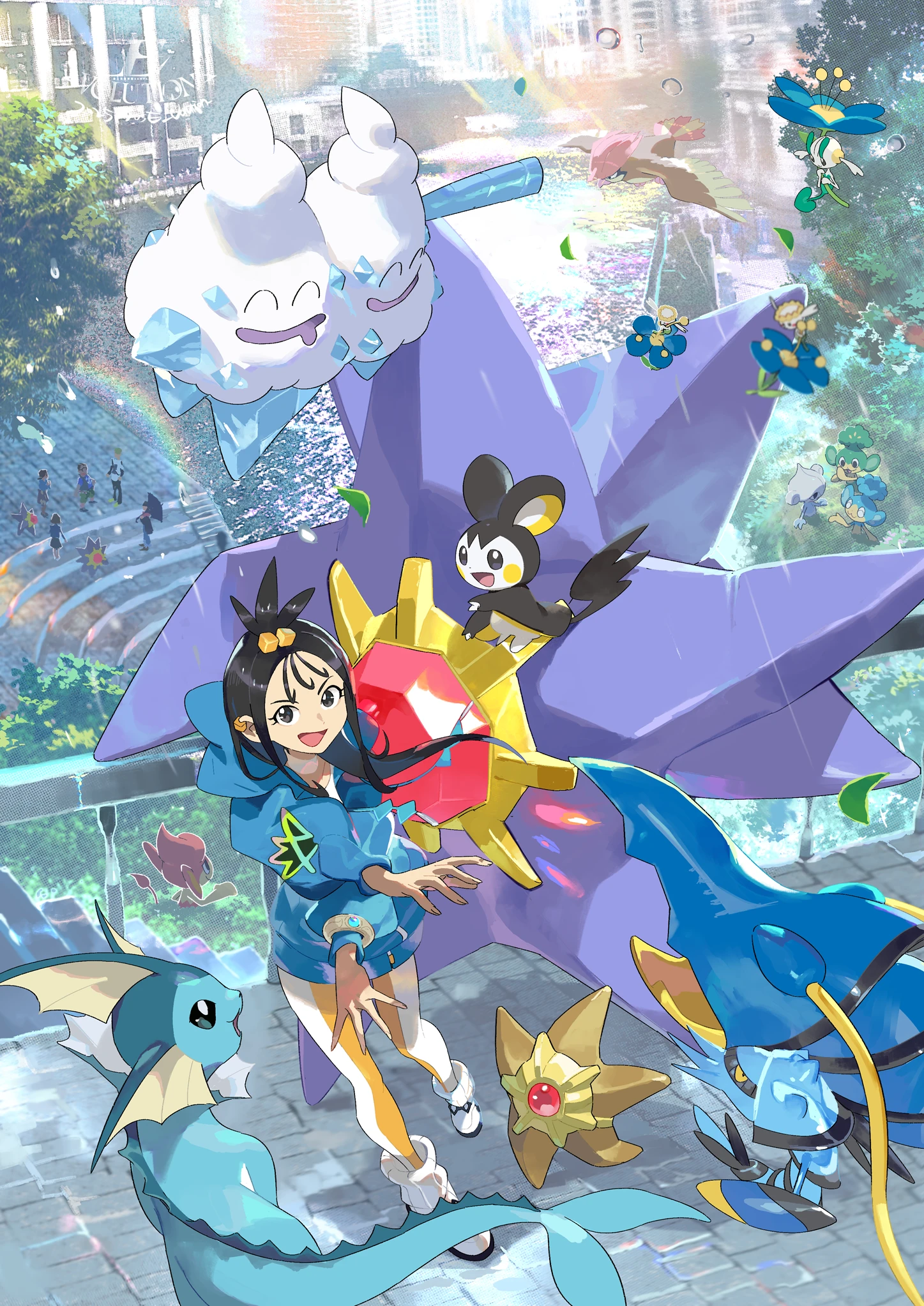 e volution, clawitzer, emolga, floette, floette (blue flower), lida (pokemon), meditite, mega starmie, pancham, panpour, pansear, pidgeotto, starmie, staryu, vanilluxe, vaporeon, nintendo, pokemon, pokemon legends: z-a, highres, beak, bird, black hair, blue flower, blue fur, blue hoodie, building, cetacean tail, closed eyes, closed mouth, colored sclera, colored skin, cube hair ornament, drooling, earclip, fins, fish tail, flower, flying, flying squirrel, forked tail, gem, gen 1 pokemon, gen 3 pokemon, gen 5 pokemon, gen 6 pokemon, grey eyes, hair ornament, head fins, holding, holding flower, holding umbrella, hood, hood down, hoodie, jacket, leggings, long hair, long legs, long sleeves, looking at viewer, lumiose city, mega pokemon, mega ring, monkey, mouth drool, multiple others, no eyes, open mouth, orange leggings, outdoors, park, pokemon (creature), purple skin, red gemstone, ribbed socks, shirt, smile, socks, squirrel, starfish, tail, topknot, tree, two-tone legwear, umbrella, water, white leggings, wings, wispy bangs, yellow sclera