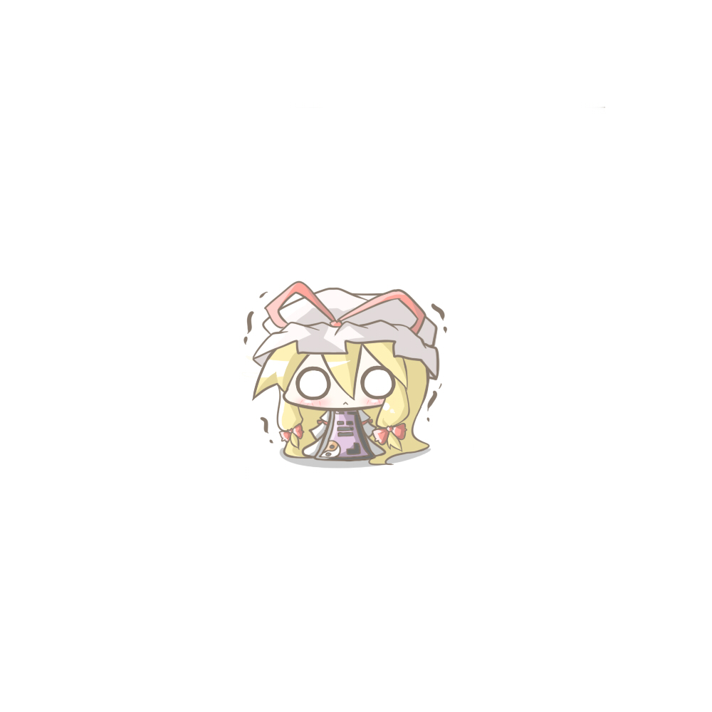 aoblue, yakumo yukari, touhou, 1girl, :<, blonde hair, blush, chibi, female focus, hat, long hair, o o, solo, trembling, wide face