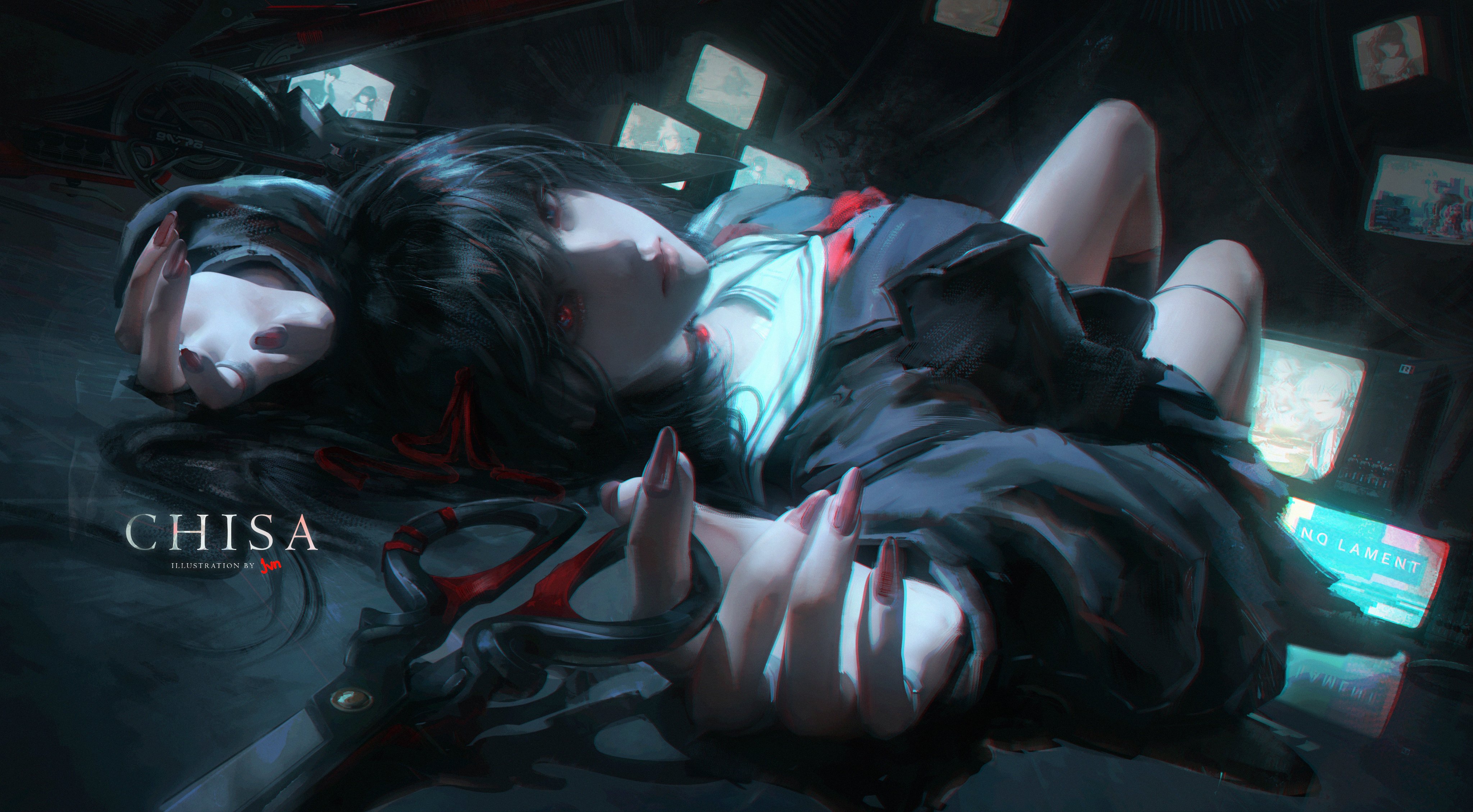 jvn, chisa (wuthering waves), wuthering waves, absurdres, commentary, highres, 1girl, arms up, artist name, black jacket, black shirt, breasts, character name, closed mouth, crt, fingernails, game screenshot inset, holding, holding scissors, jacket, knees up, long fingernails, looking at viewer, looking back, lying, medium breasts, neckerchief, on back, red eyes, red neckerchief, sailor collar, scissors, shirt, solo, white sailor collar