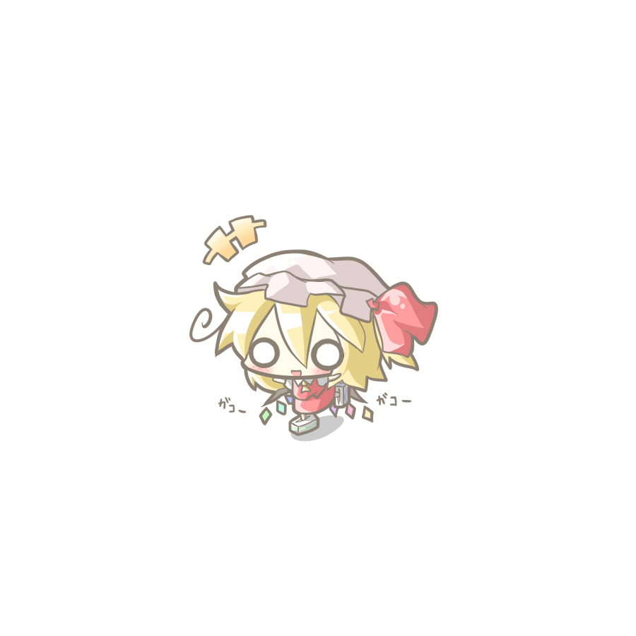 aoblue, flandre scarlet, touhou, 1girl, blouse, chibi, female focus, full body, hair between eyes, hat, mob cap, o o, shirt, simple background, skating, solo, tissue, tissue box, white background, white hat, white shirt, wings