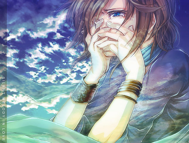 last c, yukimichi (nieko), original, 1girl, blue eyes, bracelet, brown hair, female focus, jewelry, scarf, solo, tears, wristband