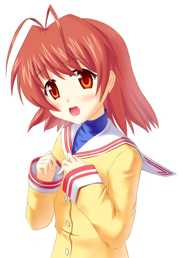 gekka kyouran, furukawa nagisa, clannad, 00s, 1girl, antenna hair, brown eyes, brown hair, female focus, school uniform, short hair, simple background, solo, white background