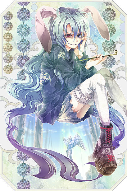 last c, yukimichi (nieko), original, bad id, bad pixiv id, 1girl, animal ears, blue hair, boots, female focus, heterochromia, kiseru, long hair, rabbit ears, skirt, smile, smoking pipe, solo, thighhighs, wavy hair