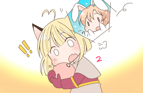 iyofika, acolyte (ragnarok online), poring, ragnarok online, ragnarok origin, commentary request, lowres, !, !!, 2girls, ahoge, animal ears, blonde hair, blunt bangs, brown capelet, capelet, cat ears, cat girl, creature, fake animal ears, fang, gloves, heart, heart ahoge, holding, holding creature, multiple girls, open mouth, rabbit ears, red gloves, red shirt, shirt, skin fang, slime (creature), solo focus, upper body