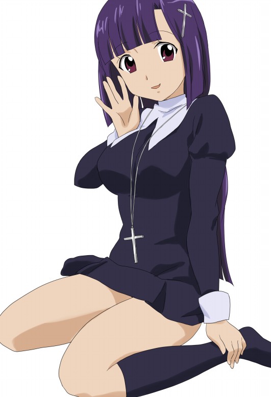 komatsu (sakanae), zange, kannagi, 00s, breasts, brown eyes, kneeling, large breasts, legs, long hair, nun, purple hair, simple background, socks, solo