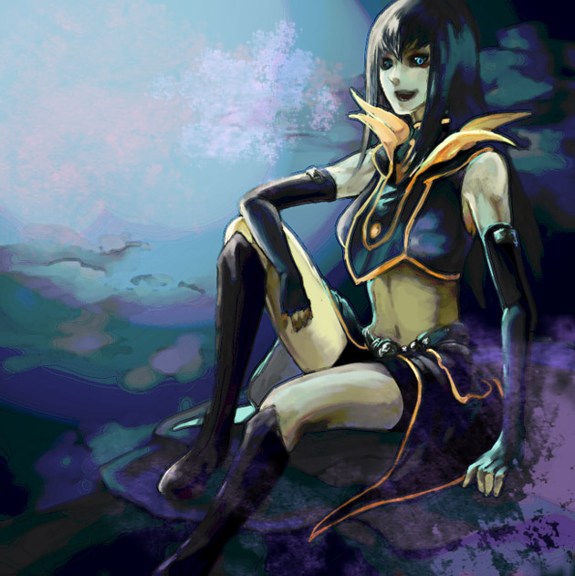 carly nagisa, yu-gi-oh!, yu-gi-oh! 5d's, bad id, bad pixiv id, 00s, boots, corruption, dark persona, elbow gloves, gloves, midriff, navel, sitting, solo