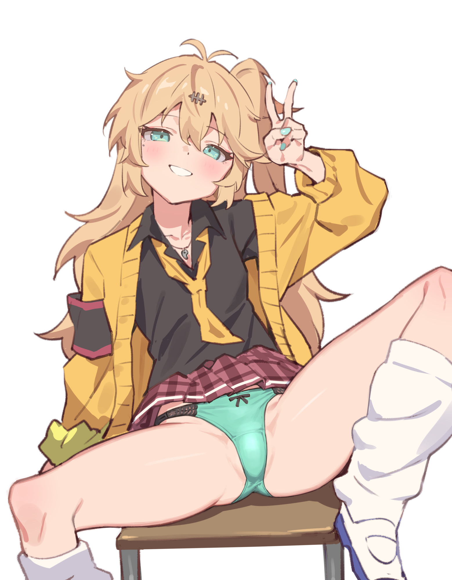 yamamomo (plank), kasukabe tsumugi, voicevox, highres, 1girl, black shirt, blonde hair, bow, bow panties, cardigan, clothes lift, flat chest, green eyes, green panties, groin, groin tendon, gyaru, long hair, loose necktie, loose socks, mole, mole under eye, necktie, one side up, open cardigan, open clothes, panties, scrunchie, shirt, shoes, sitting, skirt, skirt lift, smile, socks, solo, spread legs, underwear, uwabaki, v, wrist scrunchie, yellow cardigan, yellow necktie