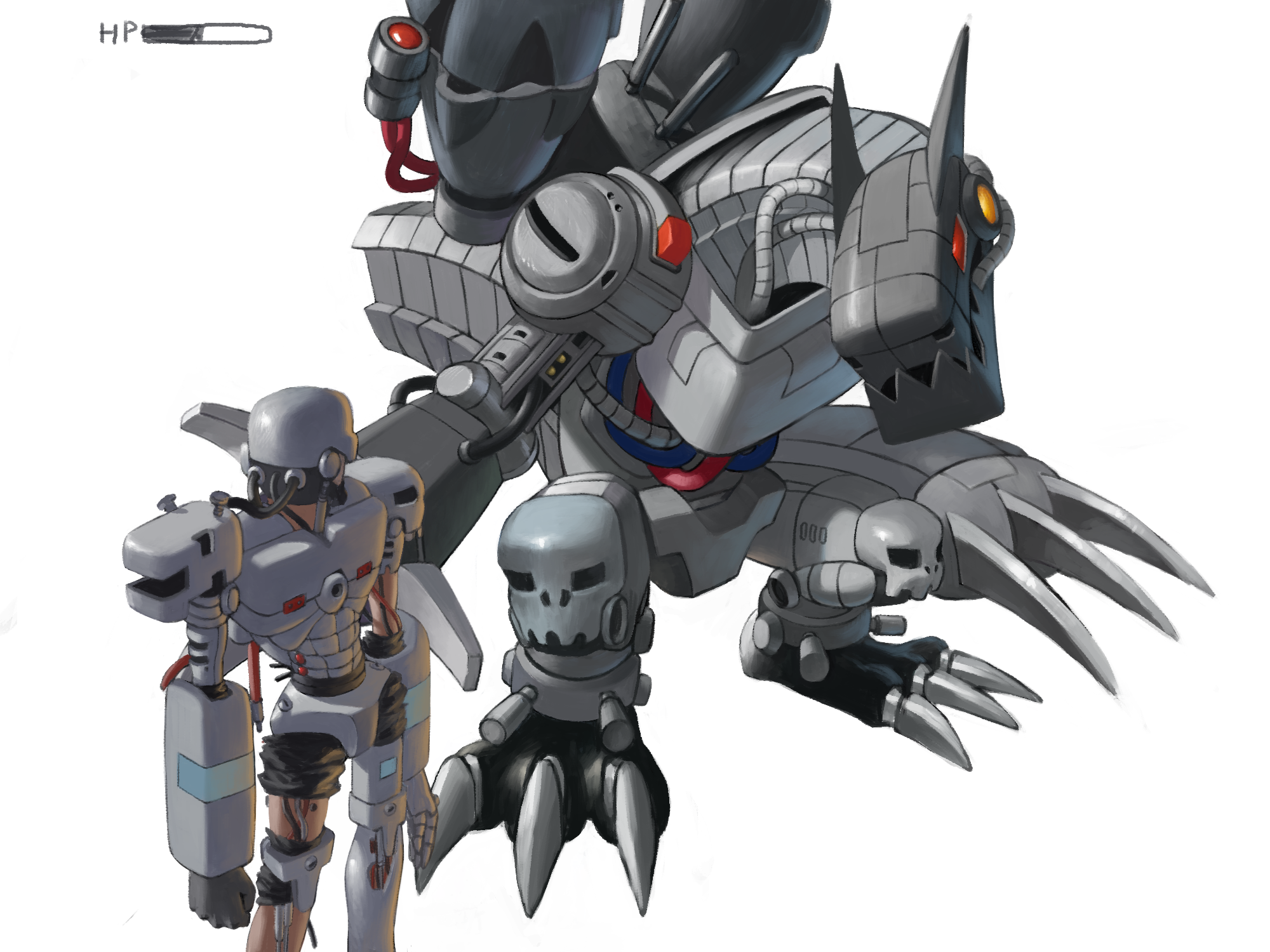 nzx78, andromon, mugendramon, digimon, highres, android, armor, black bodysuit, bodysuit, cowboy shot, digimon (creature), evolutionary line, full body, non-humanoid robot, robot, robot dragon, sharp teeth, shoulder cannon, simple background, teeth, white background