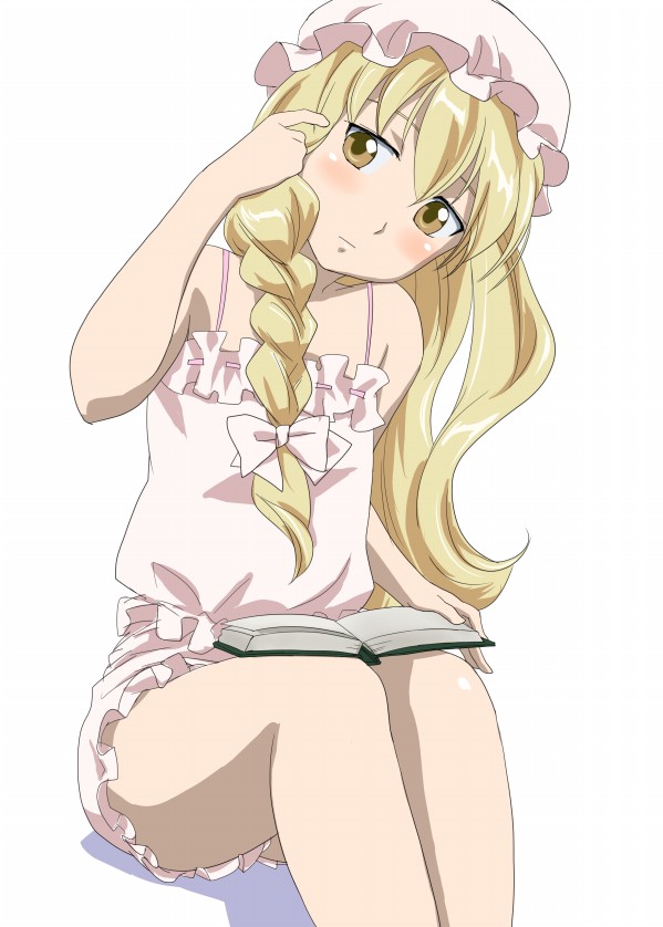 komatsu (sakanae), kirisame marisa, touhou, 1girl, blonde hair, blush, book, braid, brown eyes, female focus, hat, legs, long hair, simple background, solo, white background