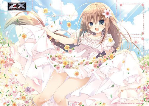 inugami kira, z/x, lowres, official art, 1girl, ahoge, blue sky, brown hair, clothes grab, cloud, cloudy sky, copyright logo, copyright name, dress, dress grab, field, flower, flower field, hair between eyes, hair flower, hair ornament, kurashiki sera, logo, long hair, looking at viewer, open mouth, pink dress, pink flower, sky, solo, yellow flower