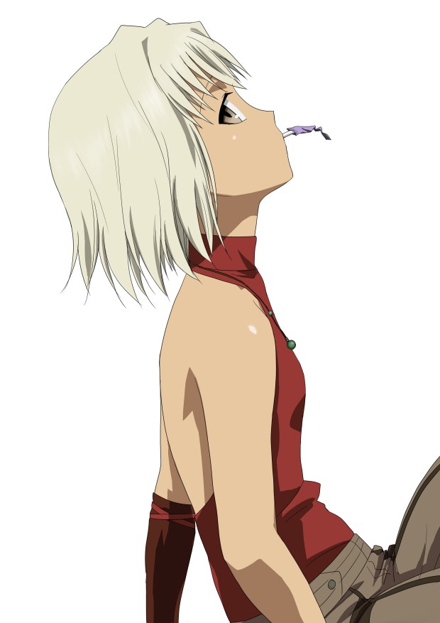 komatsu (sakanae), canaan (character), 428, 428: fuusa sareta shibuya de, canaan (series), chunsoft, flat chest, mouth hold, profile, short hair, simple background, solo