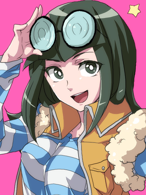 carly nagisa, yu-gi-oh!, yu-gi-oh! 5d's, 00s, 1girl, breasts, coke-bottle glasses, female focus, glasses, green eyes, green hair, matching hair/eyes, shirt, smile, solo, star (symbol), striped clothes, striped shirt