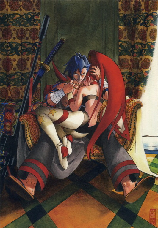 raiku makoto, kamina (ttgl), yoko littner, tengen toppa gurren lagann, official art, traditional media, 00s, 1boy, 1girl, anti-materiel rifle, bandages, bare shoulders, between legs, blue hair, cape, couple, gun, hetero, holding, katana, long hair, manly, muscular, ponytail, red hair, rifle, sitting, sitting on lap, sitting on person, sniper rifle, staring, sword, throne, very long hair, weapon