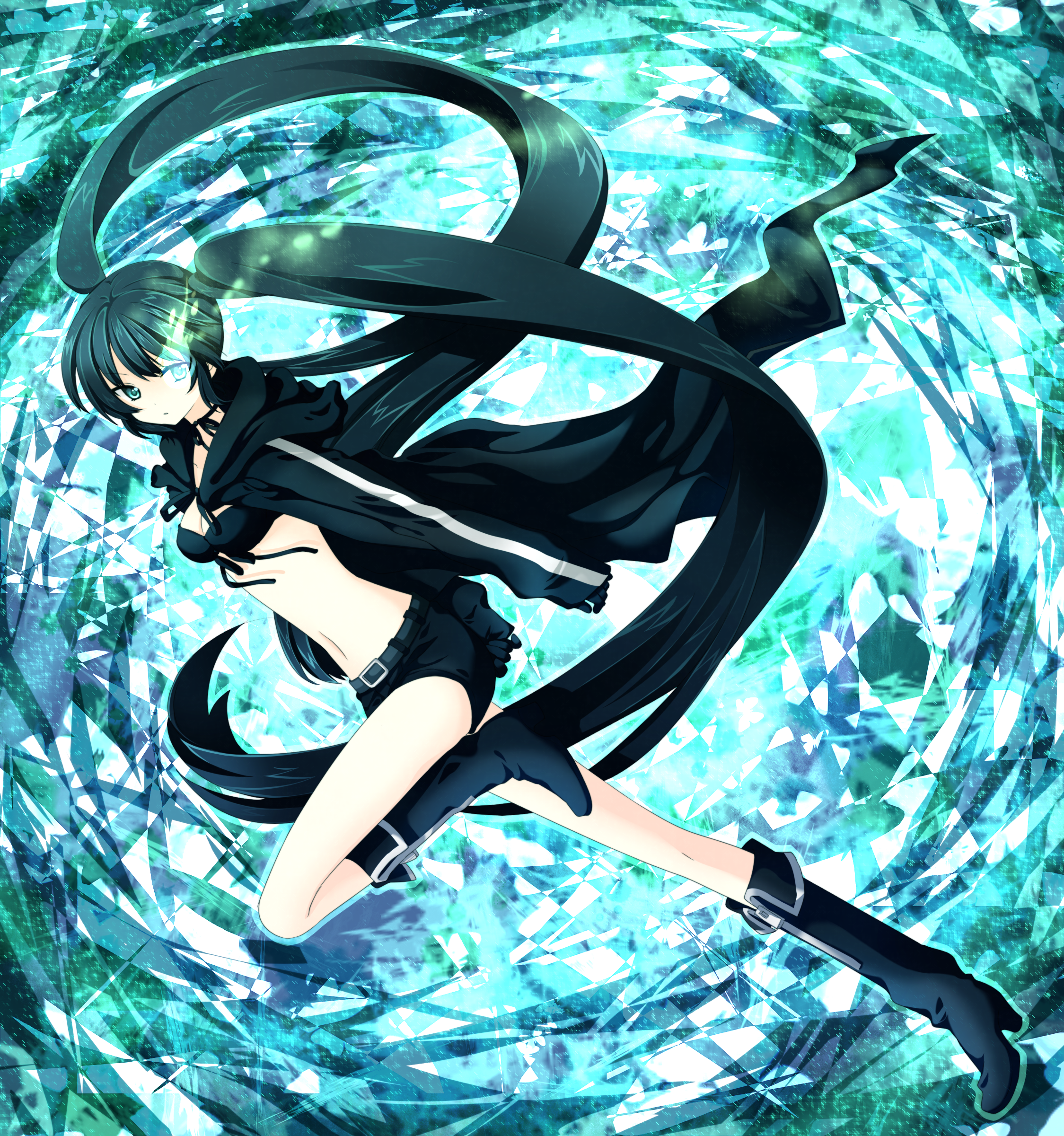 riichu, black rock shooter (character), black rock shooter, absurdres, bad id, bad pixiv id, highres, 10s, 1girl, belt, bikini, bikini top only, black hair, blue eyes, boots, breasts, cleavage, coat, female focus, flat chest, full body, glowing, glowing eyes, green eyes, jacket, long hair, midriff, navel, shorts, small breasts, solo, swimsuit, twintails, very long hair