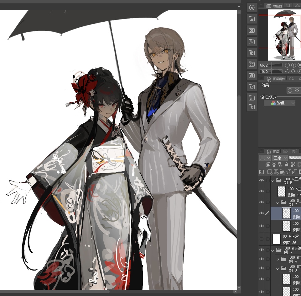 hasumi leia, nikaido hiro, mahou shoujo no majo saiban, chinese commentary, commentary request, unfinished, 2girls, alternate costume, art program in frame, black gloves, black hair, black kimono, blazer, blue necktie, chao jiu wan shiyi dian ban, flower, formal clothes, gloves, grey jacket, grey pants, grey suit, hair flower, hair ornament, holding, holding sword, holding umbrella, holding weapon, jacket, japanese clothes, katana, kimono, long hair, long sleeves, looking at viewer, multiple girls, necktie, obi, pants, red eyes, red flower, sash, short hair, smile, standing, suit, sword, umbrella, updo, weapon, white background, wide sleeves