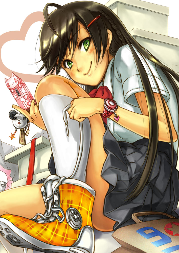 kan satomi, original, ahoge, cellphone, hair ornament, hairclip, kneehighs, long hair, phone, school uniform, skirt, socks, solo