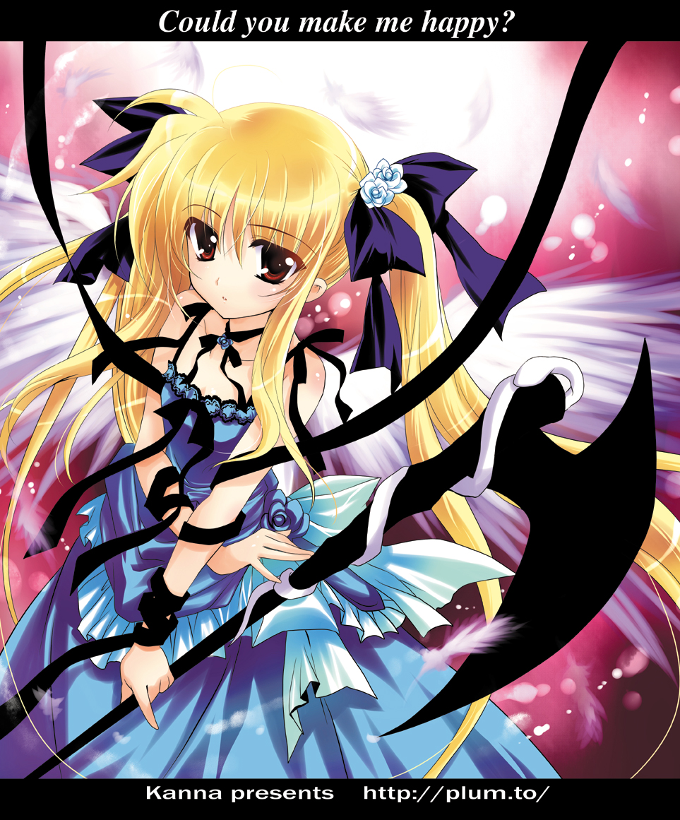 kanna (plum), bardiche (nanoha), fate testarossa, lyrical nanoha, mahou shoujo lyrical nanoha, md5 mismatch, resolution mismatch, source smaller, 00s, 1girl, blonde hair, brown eyes, dress, english text, female focus, hair ribbon, long hair, ribbon, solo, twintails, very long hair