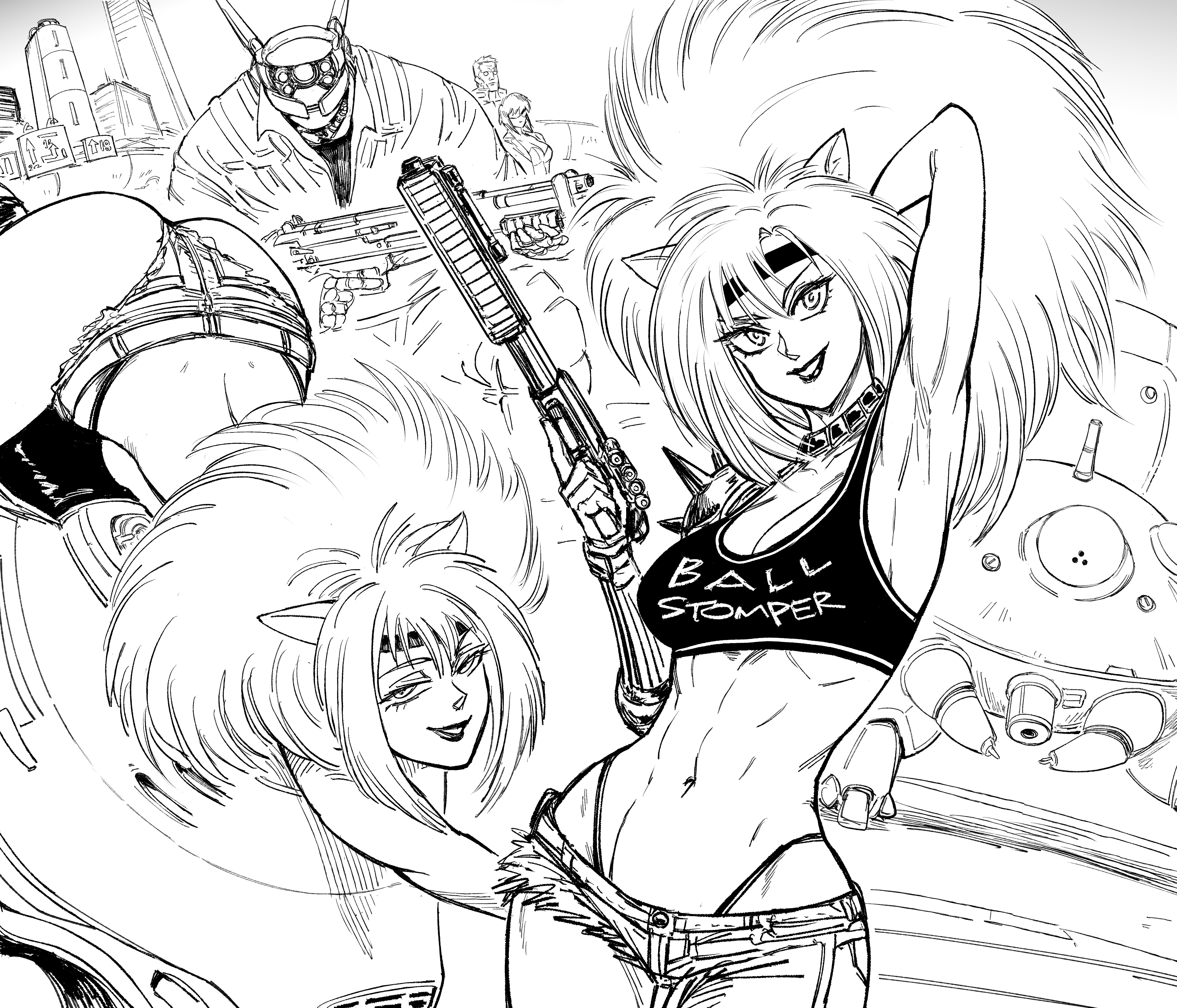 bb (baalbuddy), batou (gits), briareos hecatonchires, kusanagi motoko, tachikoma, appleseed, dominion (manga), ghost in the shell, absurdres, highres, 3girls, arm up, armpits, cyberpunk, cyborg, gun, holding, holding gun, holding weapon, mecha, multiple girls, navel, non-humanoid robot, puma sisters, robot, weapon