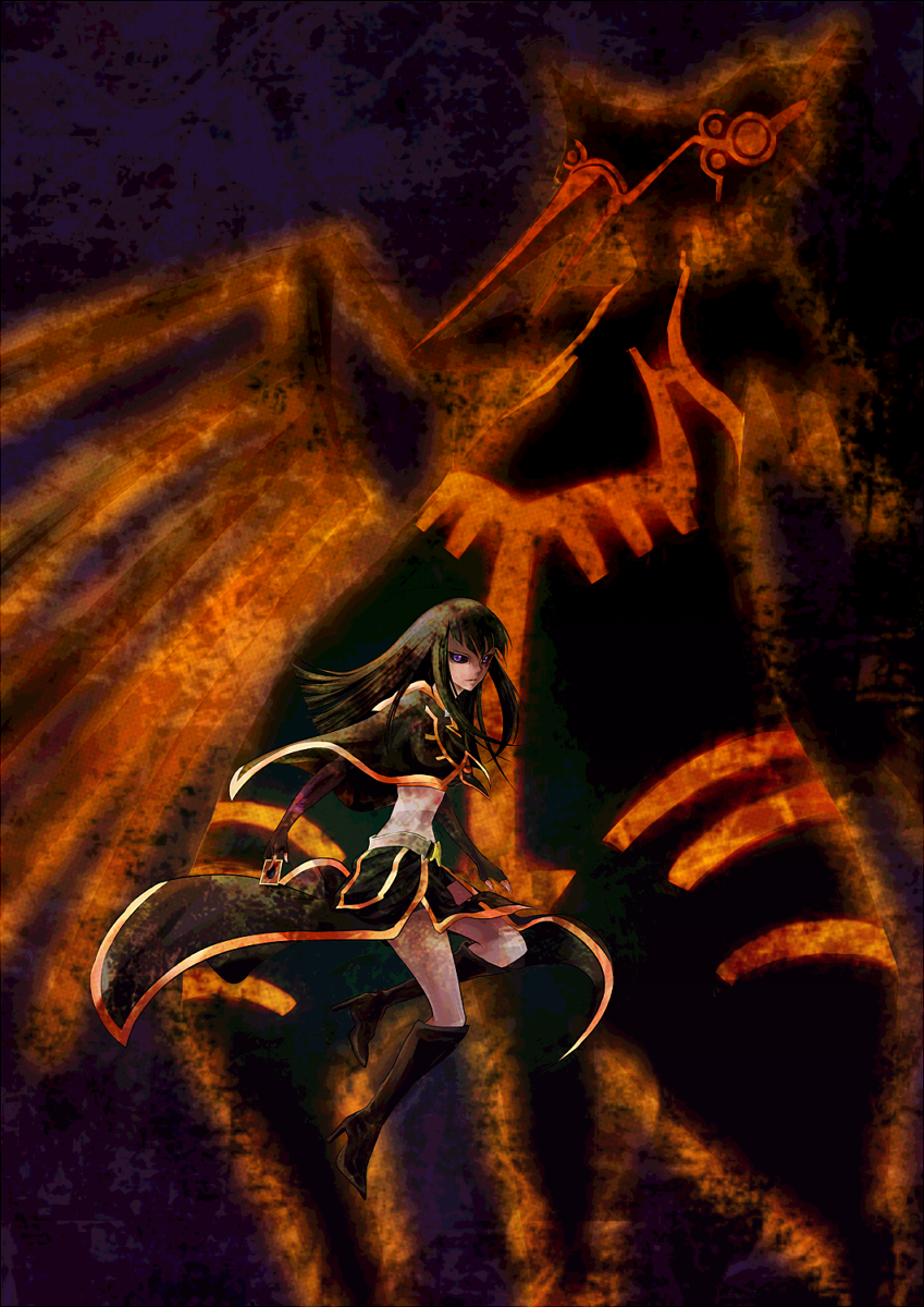 carly nagisa, earthbound god aslla piscu, earthbound immortal aslla piscu, yu-gi-oh!, yu-gi-oh! 5d's, bad id, bad pixiv id, highres, 00s, 1girl, boots, card, dark signer, duel monster, gloves, holding, holding card, long hair