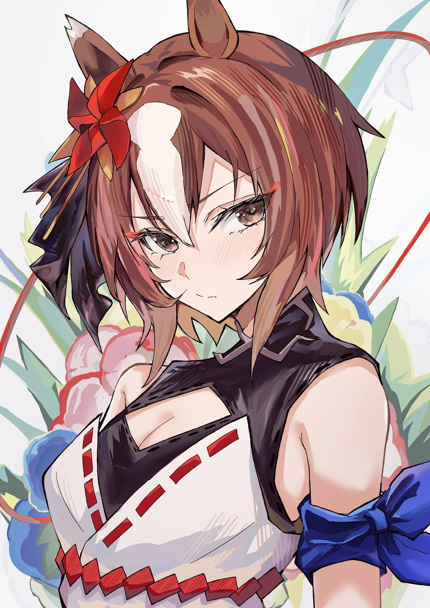 alumina (kennmeidesu), yaeno muteki (attack of the four white meteors) (umamusume), yaeno muteki (umamusume), umamusume, highres, 1girl, animal ears, blush, bow, breasts, brown eyes, brown hair, ear bow, ear covers, ear ornament, hair between eyes, hair ornament, horse ears, horse girl, looking at viewer, multicolored hair, pinwheel, pinwheel hair ornament, shirt, short hair, solo, streaked hair, white hair