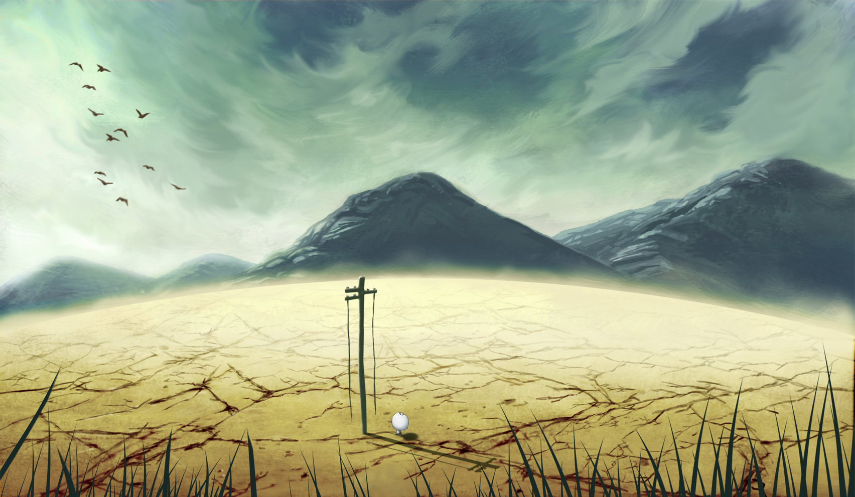 nifui, highres, bird, cloud, grass, landscape, mountain, nature, power lines, scenery, sky