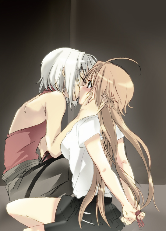 hareta, seita, canaan (character), oosawa maria, 428, 428: fuusa sareta shibuya de, canaan (series), chunsoft, 2girls, ahoge, androgynous, arms behind back, bare shoulders, bdsm, blush, bondage, bound, bound wrists, kiss, long hair, multiple girls, string, string of fate, surprised, yuri