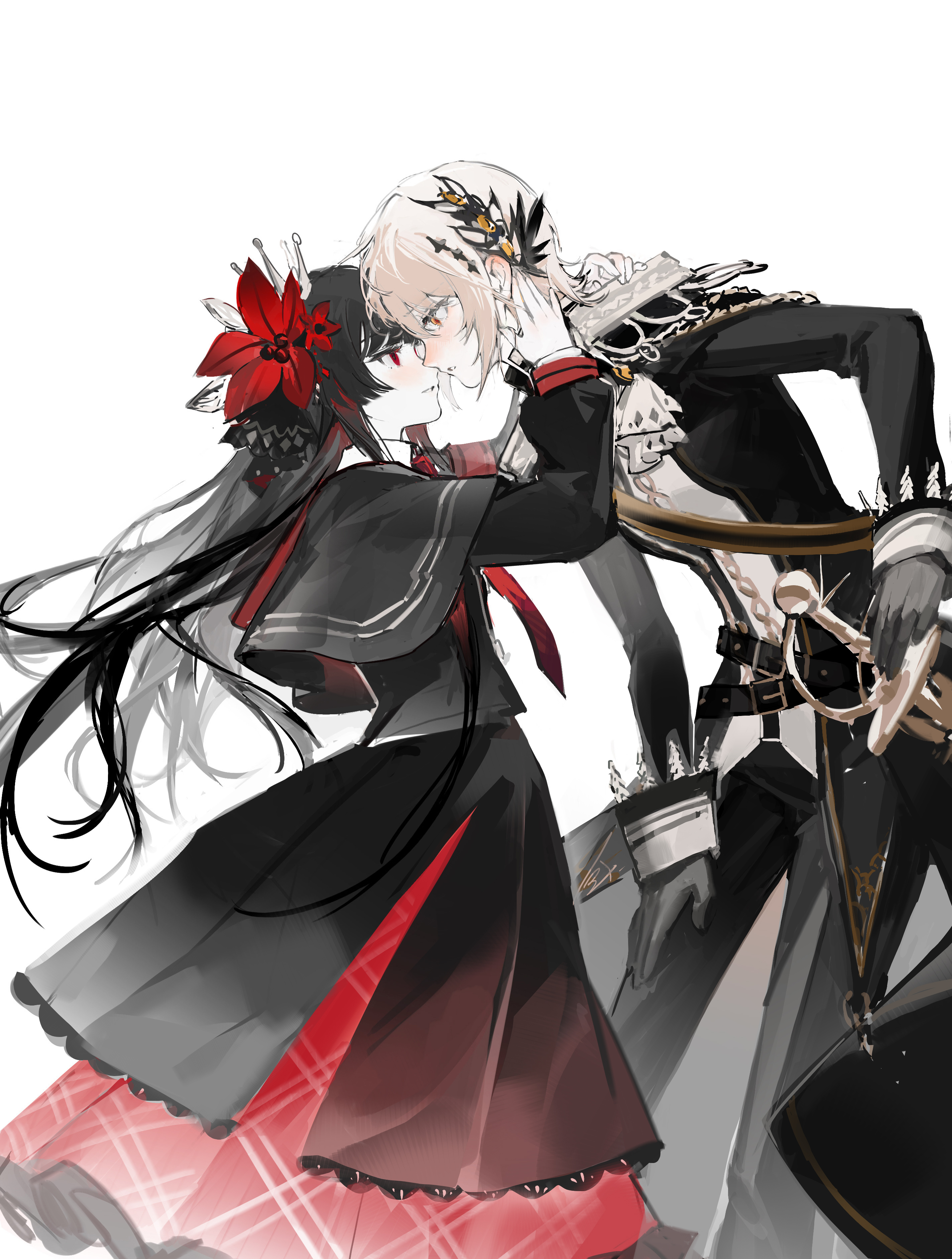 hasumi leia, nikaido hiro, mahou shoujo no majo saiban, absurdres, chinese commentary, commentary request, highres, 2girls, belt, black belt, black capelet, black gloves, black hair, black jacket, black pants, black shirt, black skirt, blonde hair, capelet, chao jiu wan shiyi dian ban, epaulettes, face-to-face, feet out of frame, flower, gloves, hair flower, hair ornament, hand on another's face, hand on hilt, hand on own leg, jacket, leaning forward, long hair, long sleeves, looking at another, multiple girls, pants, parted lips, pleated skirt, profile, red eyes, red flower, sash, shirt, short hair, shoulder sash, simple background, skirt, smile, standing, sword, weapon, white background, yellow eyes