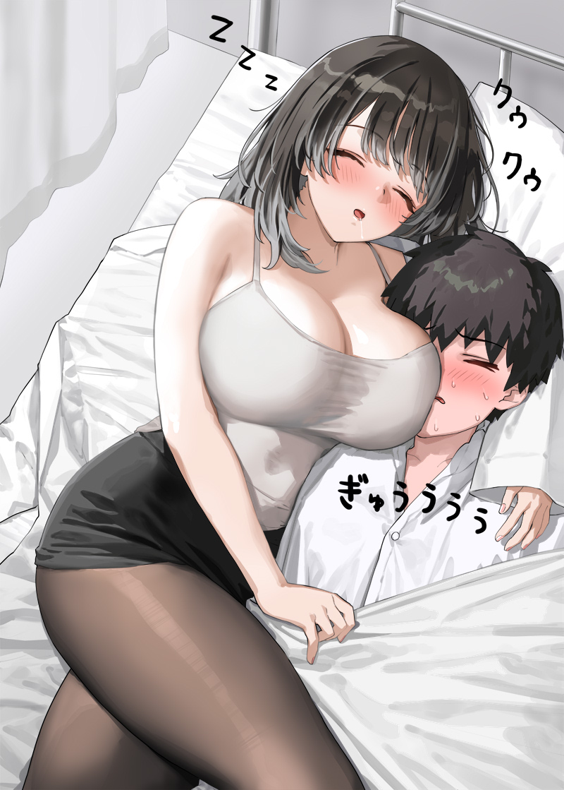 kaisen chuui, original, commentary request, 1boy, 1girl, bed, bed sheet, black hair, black skirt, breast press, breasts, brown pantyhose, cleavage, drooling, large breasts, lying, on back, on bed, on side, pantyhose, pencil skirt, saliva, school nurse, shirt, short hair, skirt, white shirt