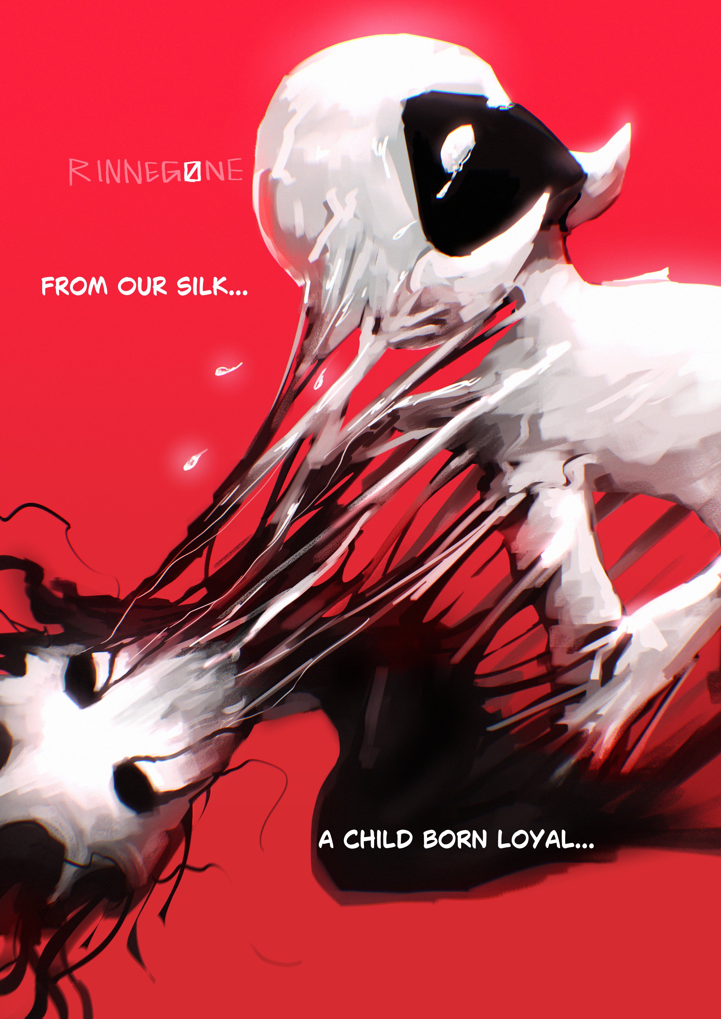 lace (hollow knight), phantom (hollow knight), hollow knight, hollow knight: silksong, absurdres, highres, 1girl, 1other, arthropod girl, black skin, colored skin, english text, hollow eyes, mask, red background, rinneg0ne art, tears, white eyes, white mask, white skin