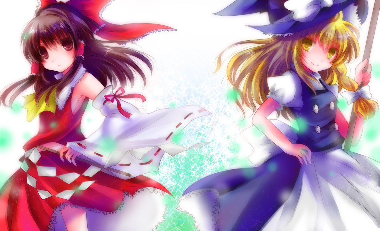 efu, hakurei reimu, kirisame marisa, touhou, bad id, bad pixiv id, 2girls, blonde hair, bow, braid, broom, brown hair, detached sleeves, female focus, gohei, hat, japanese clothes, miko, multiple girls, red eyes, short hair, witch, witch hat, yellow eyes