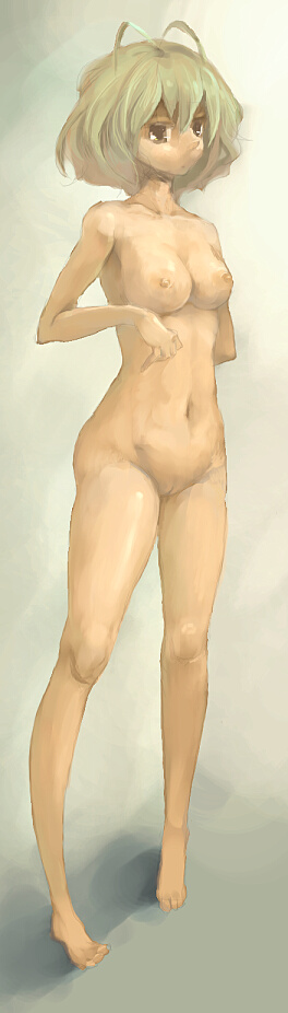 poth, original, bad id, bad pixiv id, long image, tall image, 1girl, antenna hair, barefoot, breasts, female focus, full body, green hair, medium breasts, nipples, nude, short hair, solo, standing