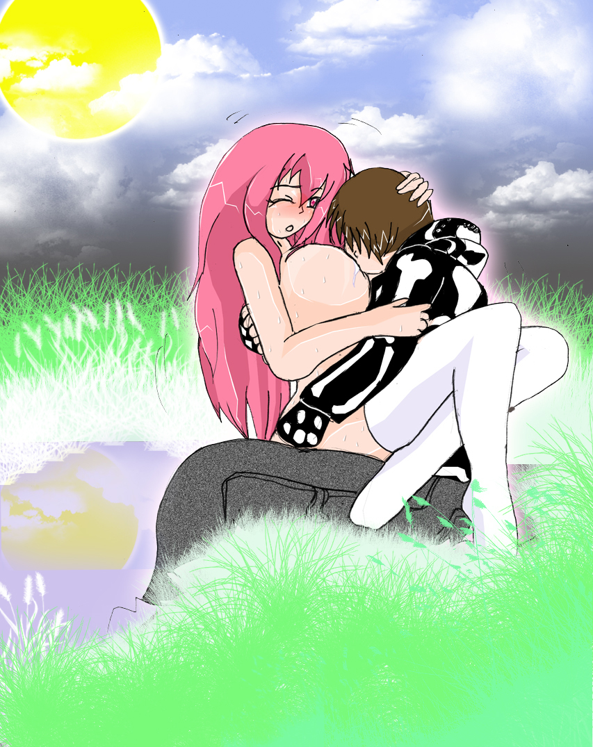 121, eins, yant, yanti (character), 1boy, 1girl, ahegao, bad anatomy, breasts, clothed male nude female, clothed sex, hetero, hug, lactation, large breasts, milk, nude, poorly drawn, sex