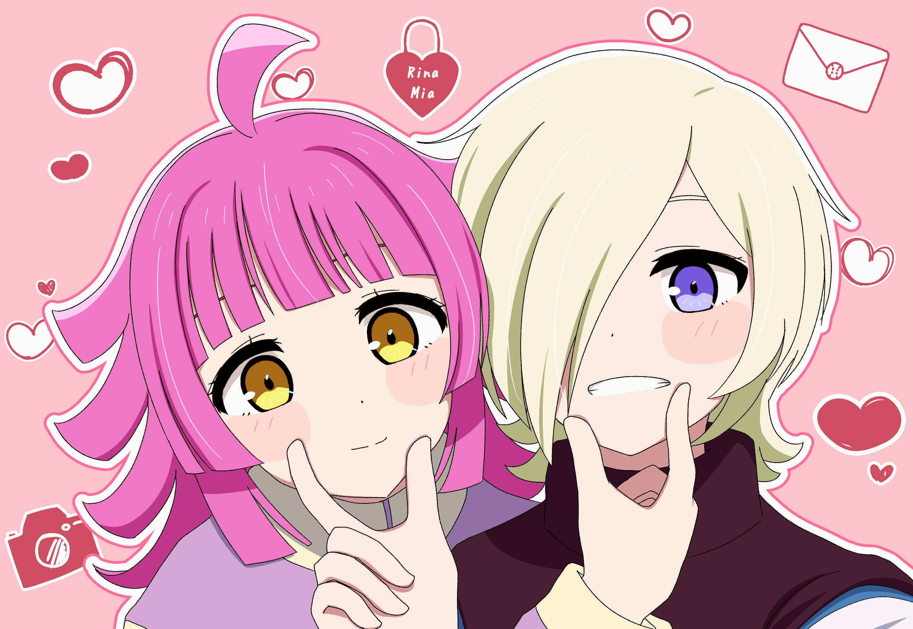 hiiragi (67snkt), mia taylor, tennoji rina, love live!, love live! nijigasaki high school idol club, absurdres, commentary, hashtag-only commentary, highres, 2girls, ahoge, blonde hair, blush, camera, closed mouth, envelope, grin, heart, heart-shaped lock, heart background, jacket, kishimen hair, looking at viewer, medium hair, multiple girls, pink background, pink hair, purple eyes, purple jacket, smile, turtleneck, yellow eyes