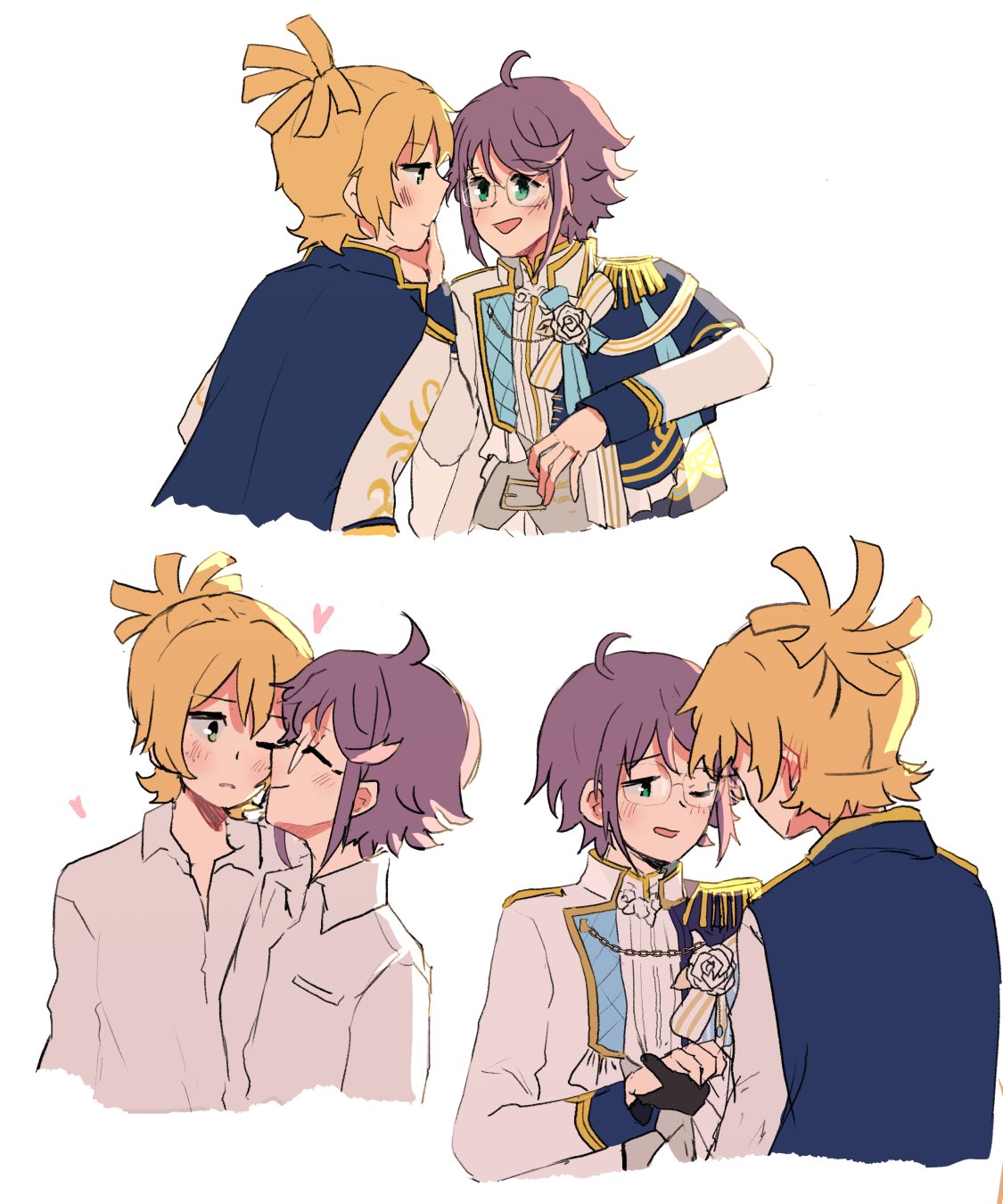 brochan, daiba nana, hoshimi junna, shoujo kageki revue starlight, commentary, highres, symbol-only commentary, 2girls, :d, ahoge, arms at sides, belt buckle, black gloves, blonde hair, blue cape, blush, bow, buckle, cape, closed eyes, closed mouth, collared shirt, cropped torso, ear blush, epaulettes, eye contact, flower, glasses, gloves, half-closed eyes, hand on another's chin, hand up, heads together, heart, high ponytail, holding hands, jacket, long sleeves, looking at another, multiple girls, multiple views, official alternate costume, official alternate hair length, official alternate hairstyle, one eye closed, open clothes, open jacket, open mouth, parted lips, ponytail, profile, purple hair, rose, shirt, short hair, side cape, single epaulette, smile, striped bow, upper body, white bow, white flower, white jacket, white rose, white shirt, yuri