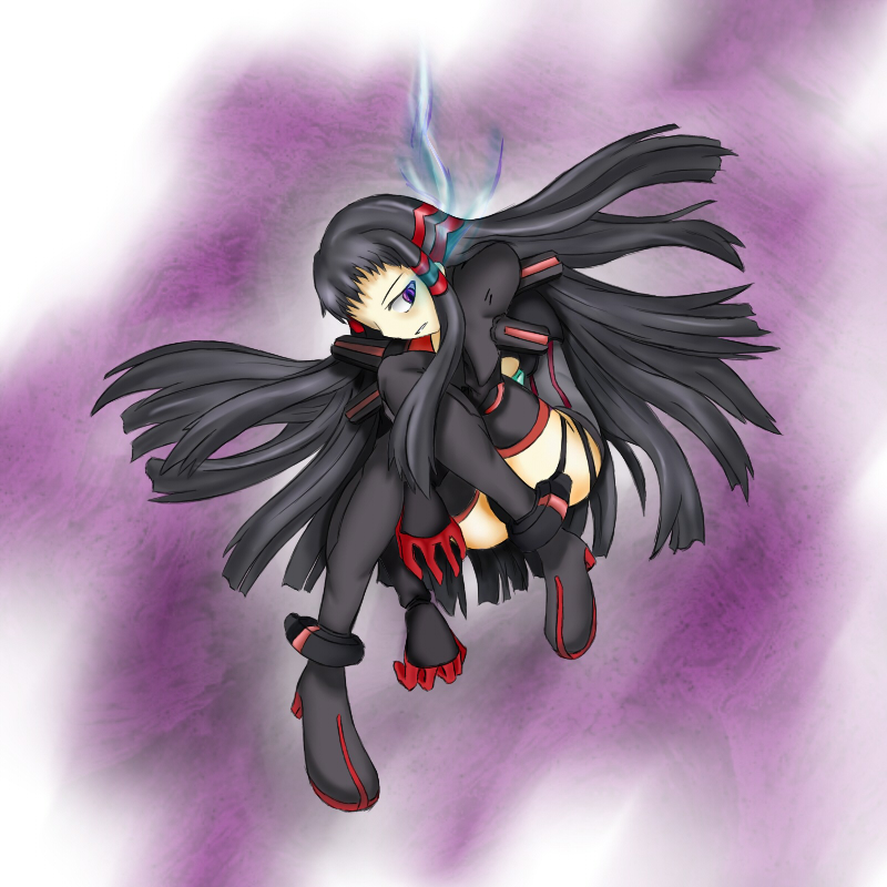 jakuri (ar tonelico), ar tonelico, ar tonelico ii, gust, 00s, 1girl, black hair, boots, bottomless, female focus, gloves, long hair, purple eyes, solo