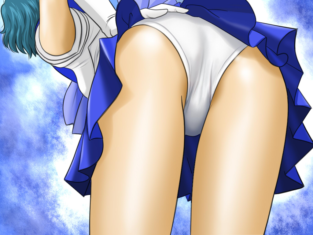 mr. r (2ch's sailor moon thread), mizuno ami, sailor mercury, bishoujo senshi sailor moon, 1990s (style), 1girl, ass, ass focus, bent over, blue hair, blue skirt, cameltoe, close-up, clothes lift, female focus, gloves, hand on own ass, magical girl, panties, pantyshot, partially visible vulva, retro artstyle, skirt, skirt lift, solo, underwear, upskirt, white gloves, white panties