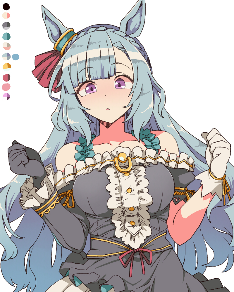 toriga naku, mejiro ardan (clinochlore line) (umamusume), mejiro ardan (umamusume), umamusume, animal ears, asymmetrical gloves, black dress, black gloves, blue hair, breasts, collarbone, dress, gloves, horse ears, horse girl, large breasts, long hair, looking at viewer, mismatched gloves, simple background, white background, white gloves