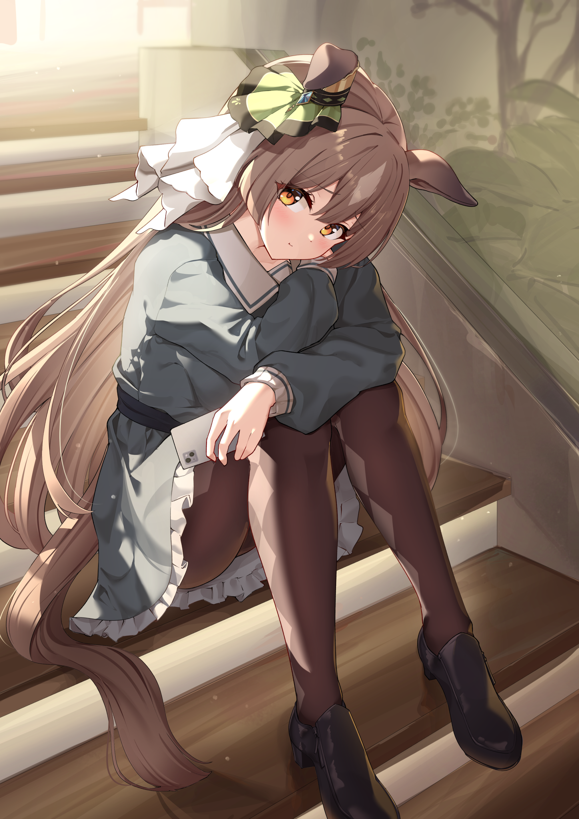 sunny (20597521), satono diamond (umamusume), umamusume, absurdres, commentary request, highres, 1girl, animal ears, bow, brown hair, brown pantyhose, closed mouth, ear ribbon, green ribbon, green shirt, green skirt, horse ears, horse girl, horse tail, long hair, long sleeves, looking at viewer, pantyhose, ribbon, shirt, sitting, sitting on stairs, skirt, solo, stairs, tail