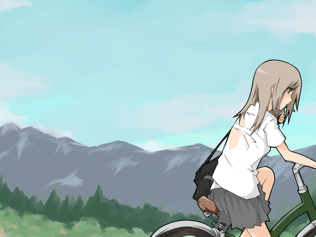 ta (tama20150125), bad id, bad pixiv id, bicycle, grass, green eyes, grey hair, grey sky, mountain, scenery, sky, solo, tree