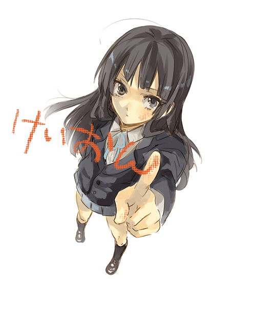 masso, akiyama mio, k-on!, 00s, 1girl, drawing on fourth wall, female focus, from above, full body, kneehighs, miniskirt, mirrored text, school uniform, simple background, skirt, socks, solo, standing, white background, writing