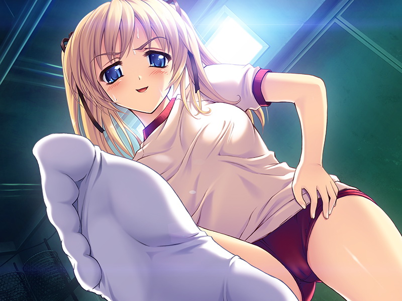 toma (asagayatei), nishizono aika, sister x sister ~lovevery sisters~, game cg, 1girl, blonde hair, blouse, blue eyes, blush, buruma, embarrassed, feet, female focus, foot focus, from below, gym uniform, indoors, looking at viewer, shirt, smile, socks, soles, solo, sweat, thighs, toes, twintails, white shirt