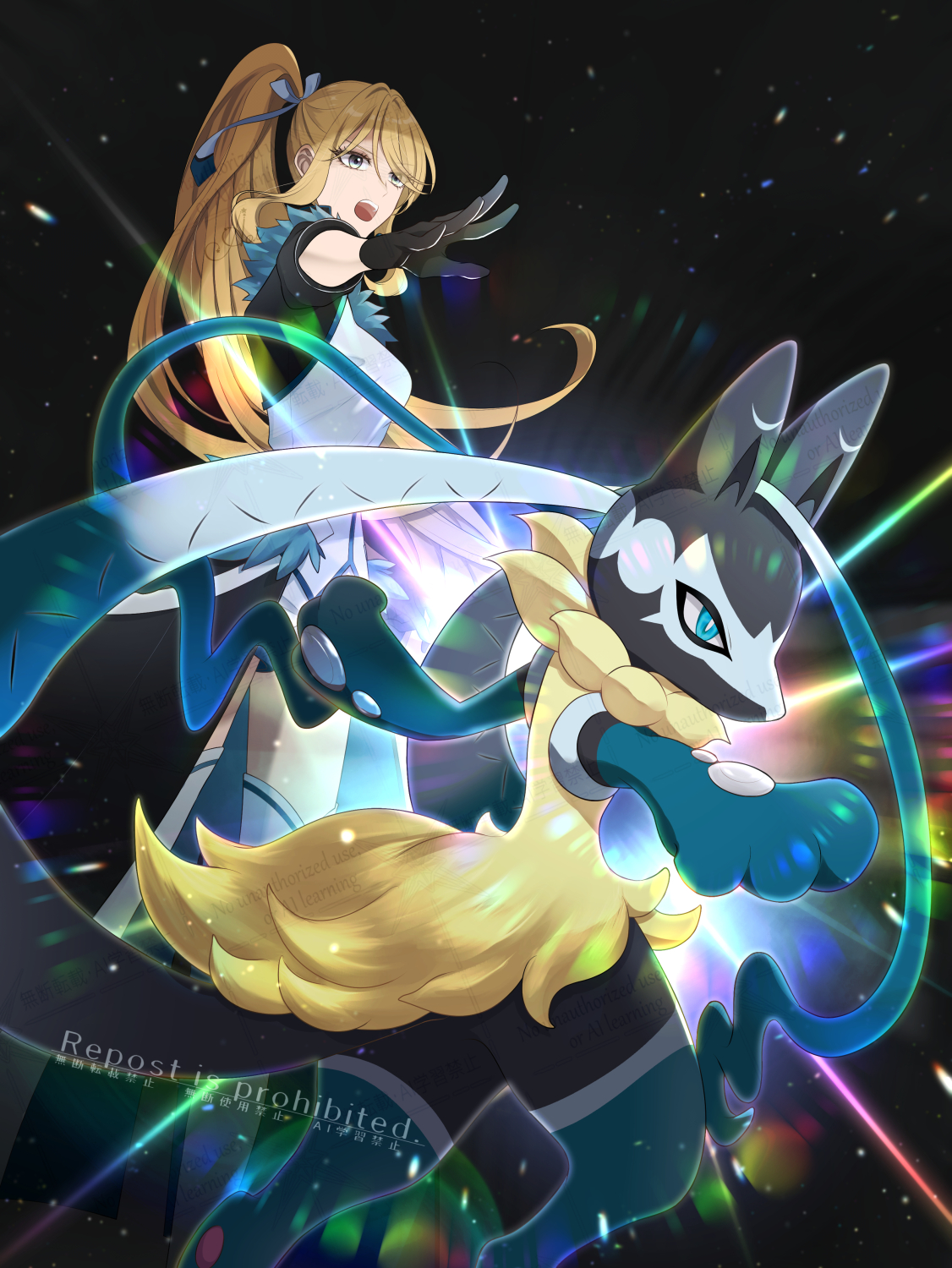 sakaralalala, cynthia (pokemon), mega lucario z, nintendo, pokemon, pokemon dppt, highres, 1girl, black background, black gloves, blonde hair, breasts, gloves, long hair, medium breasts, open mouth, pokemon (creature), ponytail, sleeveless, standing, teeth, upper teeth only, watermark, yellow eyes